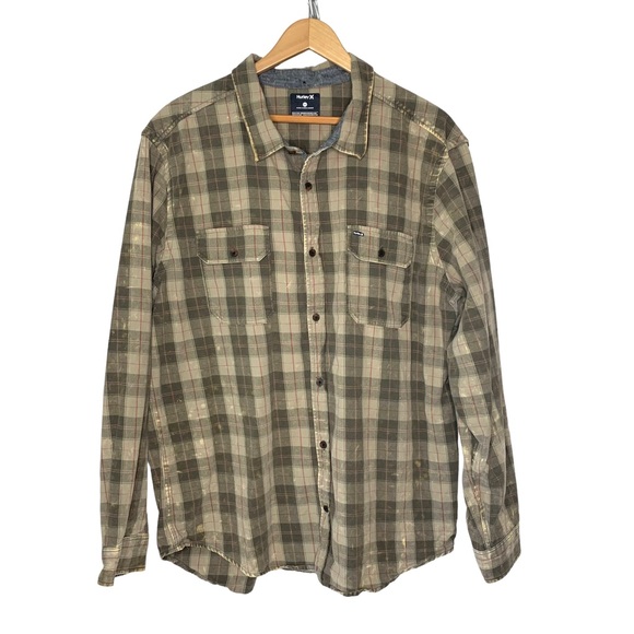 Hurley Other - HURLEY Men XXL Olive Green Distressed Plaid Flannel L/ Sleeve Button Down Shirt